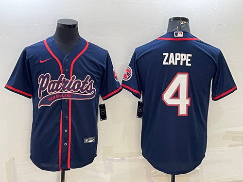 Men's New England Patriots #4 Bailey Zappe Navy With Path Cool Base Stitched Baseball Jersey